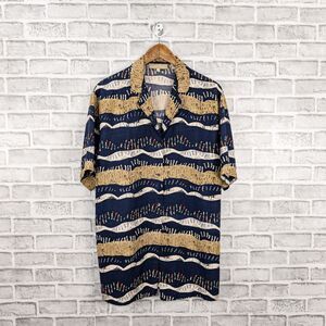 NICOLE FARHI Women's 100% Silk Button up Blouse Navy Multi Print size 10/12